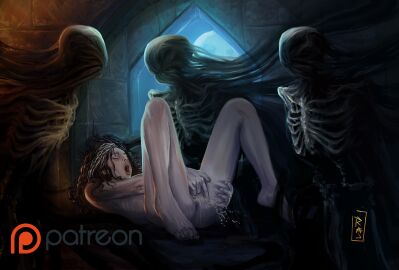 1girls 2d ambiguous_gender anus ass azkaban barefoot bellatrix_lestrange bodily_fluids closed_eyes completely_nude dark_room dementor eyeless feet female fingering fingering_pussy fingering_self full_body greying_hair guard harry_potter indoors knees_up light-skinned_female light_skin looking_pleasured lying masturbation monster monster_on_female moon night nude nude_female nudity on_back open_mouth orgasm_face pale-skinned_female pale_skin patreon pleasure_face prison prisoner pussy rajdraw ribs side_view slytherin squirting surrounded watermark window witch_(harry_potter)