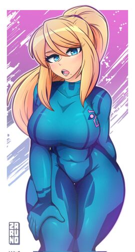 1girls artist_name blonde_hair blue_eyes bodysuit breasts covered_navel female large_breasts looking_at_viewer metroid mole mole_under_mouth nintendo open_mouth ponytail samus_aran thick_thighs thighs tongue tropzaruno zaruno zero_suit zero_suit_samus