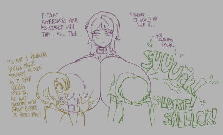 1boy 2girls alternate_breast_size breast_sucking breastfeeding breasts don_quixote_(limbus_company) dotodonoto double_breast_sucking faust_(limbus_company) female lactating lactation limbus_company male project_moon sinclair_(limbus_company) slurp