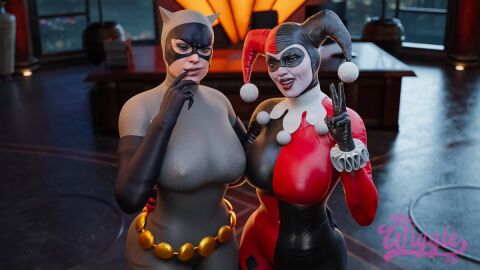 2girls 3d artist_logo artist_name batman:_the_animated_series batman_(series) big_breasts bodysuit breasts busty catwoman catwoman_(dcau) costume curvaceous curvy curvy_figure dc dc_comics dcau digitalhell duo female female_only fully_clothed harley_quinn harley_quinn_(classic) hourglass_figure huge_breasts injustice_2 large_breasts light-skinned_female light_skin looking_at_viewer multiple_females multiple_girls nipple_bulge pokies slim_waist villain villainess wide_hips