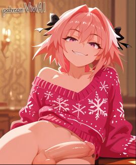 ai_generated astolfo_(fate) bangs braid braided_hair christmas erection fate_(series) femboy half-dressed looking_at_viewer penis pink_eyes pink_hair smirk solo sweater tagme testicles trap viviai