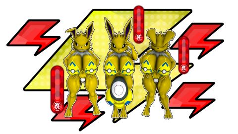 3d_(artwork) 5_fingers anthro anthrofied balls big_balls big_breasts big_bulge bikini bikini_bottom bikini_top black_sclera breasts bulge clothed clothing digital_media_(artwork) ears_down eeveelution female fingers futanari generation_1_pokemon genitals group hair hi_res huge_balls huge_bulge hyper hyper_balls hyper_bulge hyper_genitalia intersex jdbo-arts jolteon looking_at_viewer nintendo panties partially_clothed pivoted_ears png_file pokemon pokemon_(species) smile smiley_face source_filmmaker_(artwork) spike_hair swimwear two-piece_swimsuit underwear white_eyes white_hair yellow_body yellow_clothing yellow_swimwear yellow_underwear