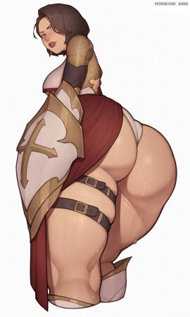 1futa 2d 2d_(artwork) 2d_artwork armor ass asura_(artist) back back_view big_ass big_breasts black_hair blue_eyes breasts clothed clothing futa_only futanari hair huge_ass human intersex light-skinned_futa light_skin looking_back low-angle_view mostly_clothed oc original original_character rear_view short_hair solo solo_futa standing sweat sweaty thick_thighs white_background