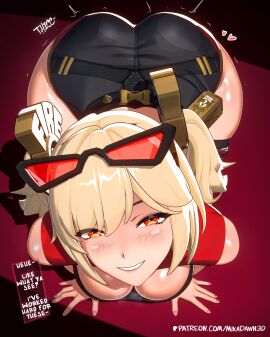 1girls ass big_ass big_breasts big_thighs blonde_hair blush breasts burnice_white dialogue eyewear_on_head female female_focus female_only gigantic_breasts huge_ass huge_breasts huge_thighs looking_at_viewer mikadawn plapbait red_eyes skirt solo tagme text thick_hips thick_thighs thighhighs thighs twintails zenless_zone_zero