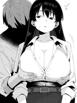 1boy behind_another belt belt_buckle blush breast_grab breasts buckle cleavage collarbone collared_shirt cowboy_shot denim dot_nose earrings faceless faceless_male female grabbing grabbing_another's_breast grabbing_breasts grabbing_from_behind greyscale groping hair_behind_ear hair_between_eyes henyaan_(oreizm) huge_breasts jeans jewelry long_black_hair long_hair long_sleeves looking_at_another looking_pleasured male monochrome motion_lines nagi_arato pants parted_lips partially_unbuttoned raised_eyebrows ruri_no_houseki ruri_rocks shirt shirt_tucked_in short_hair sideways_glance simple_background sleeves_rolled_up solo_focus straight straight-on stud_earrings sweat white_background wing_collar