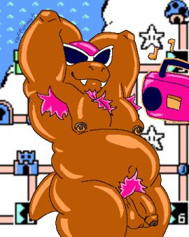 1boy anthro armpit_hair balls belly bodily_fluids body_hair boombox brown_body brown_skin dark_body dark_skin digital_media_(artwork) eyewear foreskin furry furry_only genital_fluids genitals hair hi_res humanoid_genitalia humanoid_penis koopa koopaling male mario_(series) navel nintendo nipple_piercing nipples nude overweight overweight_anthro overweight_male penis piercing pink_hair pubes roy_koopa ruffonaut scalie sharp_teeth simple_background smile snagletooth solo sunglasses tail teeth thick_thighs uncircumcised