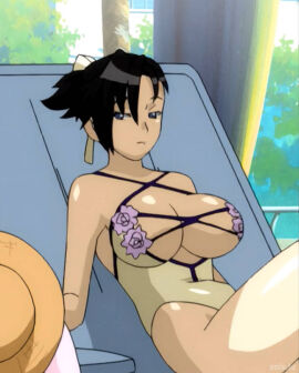 1girls beach big_breasts black_hair blue_eyes breasts burst_angel busty cleavage female female_only half-closed_eyes hi_res large_breasts legs looking_at_viewer lying ponytail screencap sei_(burst_angel) solo thighs unamused