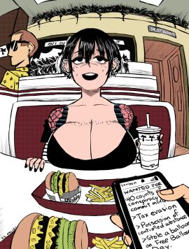 1girls big_breasts black_eyes black_hair breasts breasts_on_table color colored colorshun dark_hair female female_focus female_only hamburger huge_breasts ryona_(tomboy_sama) scar scar_on_face short_hair tomboy tomboy_sama