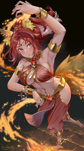 afk_(series) afk_arena afk_journey armpits barefoot belly_dancer belly_dancer_outfit bocas_top female fox_ears fox_girl fox_tail harem_girl harem_outfit harem_pants long_hair natsume_koji navel_piercing red_hair satrana voluptuous white_washing