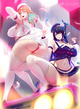 absurd_res acrylictoon ass big_ass big_breasts big_butt black_hair breasts clothing crouching duo feathers female female/female hair hi_res hololive hololive_en hololive_english hololive_english_-advent- hololive_myth horn horned_humanoid huge_breasts humanoid legwear light_body light_skin nerissa_ravencroft orange_hair panties stockings takanashi_kiara underwear virtual_youtuber vtuber