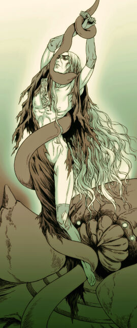 1boy arms_up convenient_censoring deity elbow_gloves enki_ankarian fear_and_hunger full_body gloves long-haired_male long_hair male monochrome monster restrained ribs skinny solo_focus sylvian_(fear_and_hunger) tentacle thighhighs torn_clothes torn_legwear very_long_hair yoshinaga_yuki3