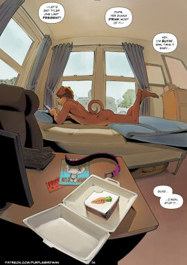 anthro ass bed bedroom cake cake_slice canid canine canis carrot_cake collar comic desk dessert dialogue dog_ears dog_tail domestic_dog electronics english_text femboy food furniture lying lying_on_bed male mammal nude on_bed on_front phone purplebirdman solo speech_bubble table text tyler_(falcon_mccooper)