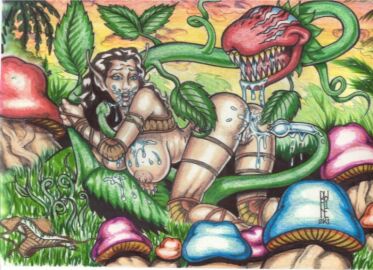 breasts female grass jungle leaf marker_(medium) nipples painting_(medium) palm_tree plant potted_plant traditional_media tree vines what