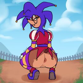 absurd_res anthro anus braces clothed clothing eulipotyphlan eyewear female fool's_hat genitals glasses hat headgear headwear hedgehog hexecat hi_res jester jester_outfit legwear looking_at_viewer looking_back mammal ollie_(lfswail) outside pantsless pussy solo thigh_highs vulva