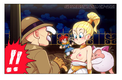 !! 1girls 3boys accidental_exposure assisted_exposure blonde_female blonde_hair blue_eyes blush breasts bulging_eyes chrono chrono_(series) chrono_trigger embarrassed embarrassed_nude_female enf enf-lover eyes female gasper_(chrono_trigger) hair highres human kilwala male marle marle_(chrono_trigger) nipples parody red_hair reference spiky_hair square_enix subscribestar_username video_games