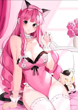 1girls black_eyes breasts cat_ears cat_tail character_doll choker cleavage couch dracule_mihawk fake_animal_ears fake_tail female female_only flowers hairbow joman large_breasts leotard looking_at_viewer nail_polish one_piece painted_fingernails painted_nails perona pillow pink-haired_female pink_hair pink_leotard rose_(flower) saram_80 sitting_on_couch stockings thighhighs twintails wrist_cuffs