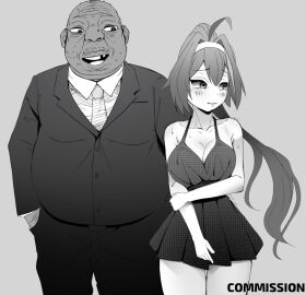 1boy 1girls big_breasts black_and_white breasts commission dark-skinned_male dark_skin embarrassed fat_male female humiliation large_hair male manga manipulation netorare original original_character skru suit_and_tie ugly_bastard
