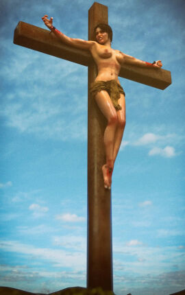 3d brown_hair crucifixion female gore guro lara_croft lara_croft_(survivor) loincloth nailed_to_cross tomb_raider tomb_raider_(survivor) topless