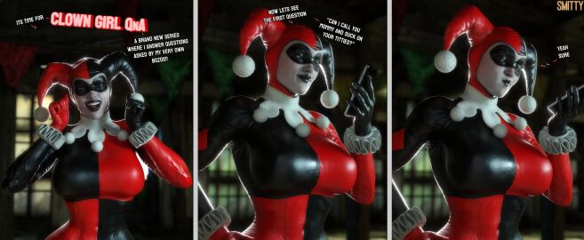 1girls 3d 3d_(artwork) batman_(series) bodysuit breasts comedy dc dc_comics english_text female full_color fully_clothed harley_quinn harley_quinn_(classic) harley_quinn_(injustice) huge_breasts humor injustice_2 makeup no_penetration phone smile smitty34 solo solo_female text tight_bodysuit