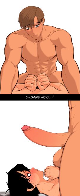 abs balls big_balls big_penis black_hair blush bondage cock dyed_hair fanart gay hi_res high_resolution human idk_what_to_tag_it killing_stalking laying_on_back looking_at_viewer looking_down looking_up looming_over muscular_male oh_sangwoo penis_over_face pinning_down point_of_view pov precum presenting_penis sexy size_difference slender_body sovnboi straddling submissive_male tanned_skin tied_hands tied_up twink yoon_bum