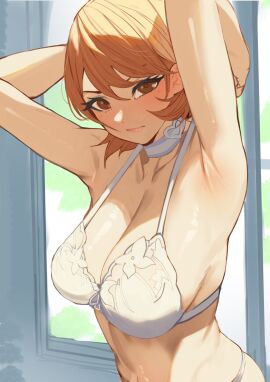 armpit armpits arms_up atlus blush bra breasts brown_hair female flustered large_breasts looking_at_viewer nyahpa20 persona persona_3 sega underwear white_bra yukari_takeba