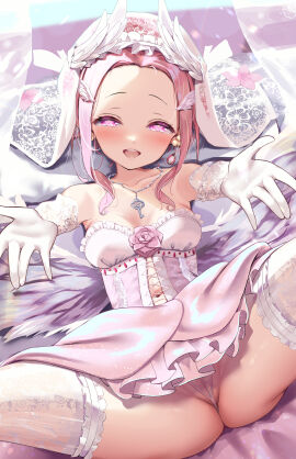 1girls absurdres ass blush breasts bustier cameltoe cleavage come_hither commentary_request elbow_gloves female forehead frilled_skirt frills gloves heart heart-shaped_pupils highres jewelry lace lace_panties lingerie looking_at_viewer lying navel necklace no_pants nyahu_(nyahu_77) on_back open_mouth original outstretched_arms panties pink_eyes pink_hair pussy see-through_clothes see-through_panties short_hair skirt smile solo spread_legs symbol-shaped_pupils thighhighs thighs thong underwear veil white_bustier white_gloves white_panties white_thighhighs