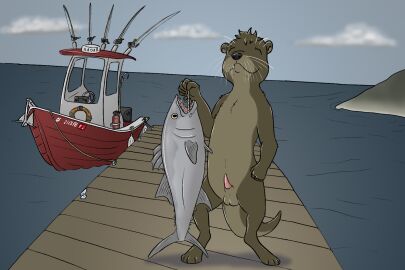 anthro balls boat erection fish genitals male mammal marine mustelid original_character otter penis public public_erection public_nudity river_otter sea solo solo_focus tinyterrible vehicle water watercraft