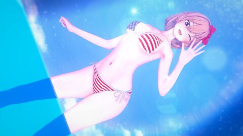 3d american_flag american_flag_bikini belly_button bikini blue_eyes breasts coral_pink_hair doki_doki_literature_club eyebrows_visible_through_hair female koikatsu looking_at_viewer mashirosolera medium_breasts ocean one_eye_closed patriotic_clothing red_bow sayori_(doki_doki_literature_club) short_hair sky thick_thighs usa_bikini waving_at_viewer