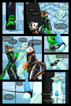 2023 2:3 4_fingers absurd_res anthro ass ass_grab biped black_clothing blue_penis blue_tongue blush bodysuit bondage bound brown_body brown_fur bulge butt_grab claws clothed clothing comic confusion cuff_(restraint) detailed_background dialogue digital_media_(artwork) dragon ear_piercing ear_tag embarrassed english_text erection fingers fur genitals gloves green_clothing grey_body grey_fur grope group hand_on_ass hand_on_butt handcuffs hands_tied hands_tied_behind_back handwear hi_res horn latex latex_clothing latex_gloves latex_handwear long_tail male mammal membrane_(anatomy) membranous_wings metal_cuffs mythological_creature mythological_scalie mythology nude onomatopoeia orange_clothing padded_room penis penis_tied piercing red_eyes restraints scalie sexotheque skinsuit sound_effects speech_bubble tail text tight_clothing tongue tongue_out white_body white_fur wings yellow_eyes