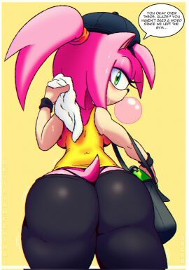 1girls amy_rose anthro ass bubble_ass bubble_butt deegee female green_eyes gym_clothes hedgehog hedgehog_girl leggings looking_at_viewer looking_back mobian_(species) pink_hair ponytail rodent sonic_(series) talking_to_another