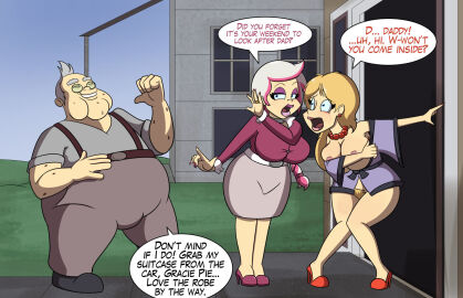 1boy 2girls beaded_necklace big_breasts blonde_female blonde_hair blonde_pubic_hair braided_hair braided_ponytail breasts breasts_out brieon_bellvue carpet_matching_drapes clothed clothed_female clothed_male commission covering_breasts covering_self dialogue doorway earrings embarrassed embarrassed_nude_female enf fat fat_male father_and_daughter female front_door glasses grace_milcher grandpa_oates grey_hair hairy_pussy half-dressed half_naked high_heels light-skinned_female light_skin long_hair male milf monkeycheese nipples obese_male older_male outdoor_nudity outside overweight overweight_male pink_highlights pink_nipples pubic_hair pussy pussy_out robe robe_only shocked sisters skirt small_robe standing straight_hair suprised thick_thighs white_hair