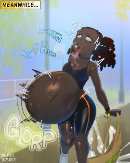 accidental_sex ahe_gao belly_bulge bikupan black_hair breasts cleavage clothing cum cum_inside cumflation dark_skin excessive_cum human lova_(bikupan) magic midriff penetration portal tears text