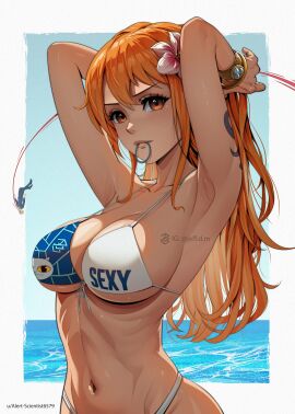 1girls arm_tattoo beach belly_button big_breasts bikini bikini_bottom blonde-haired_male blonde_hair blue_tattoo breasts brown_eyes busty character_in_background cleavage clothing curvy female female_only flower_in_hair instagram_username jeff.d.m long_hair nami_(one_piece) nosebleed one_piece one_piece_film_gold orange-haired_female orange_hair outdoors post-timeskip sea seaside solo sunny tattoo tattoo_on_arm tattooed_arm tying_hair voluptuous water