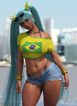 3d athletic athletic_female bare_midriff bikini blue_eyes bracelet brazil brazilian brazilian_female brazilian_miku breasts busty crop_top daisy_dukes denim_shorts exxxartist female female_focus female_only flower_in_hair hatsune_miku hourglass_figure jean_shorts long_hair makeup navel necklace outdoors outside pinup pinup_pose short_shorts shorts standing sunglasses_on_head t-shirt tagme tan tan_body tan_skin tanline thong_bikini turquoise_hair twintails vocaloid waist_chain wide_hips