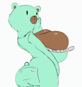 1girls animated ass barely_contained bear bear_costume big_ass big_breasts bouncing_breasts breasts breasts_bigger_than_head bursting_breasts cleavage clothed colored_sketch costume dark-skinned_female dark_skin dot_eyes female female_only flannel flat_colors furry fursuit green_fur hand_on_head hourglass_figure huge_breasts jiggle jiggling_breasts leaning_back looking_at_viewer loop mascot_costume minty_(monmonmallow) monmonmallow no_bra oc original_character paws revealing_clothes stubby_tail teasing three-quarter_view zipper