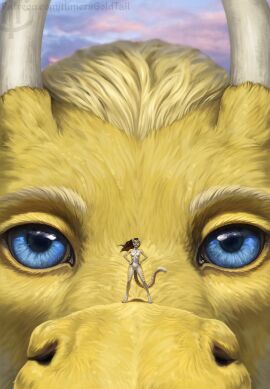 ambiguous_form ambiguous_gender anthro artist_logo blue_eyes brown_hair dragon duo extreme_size_difference felid female female_anthro front_view fur genitals glistening glistening_eyes hair hi_res himeragoldtail humanoid_genitalia humanoid_vulva logo long_hair looking_at_viewer mammal markings mouth_closed mythological_creature mythological_scalie mythology nude scalie size_difference standing striped_arms striped_legs striped_markings striped_tail stripes tail tail_markings text url vulva white_body white_fur yellow_body yellow_fur