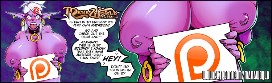 1girls advertisement angry big_breasts breasts choker dark_elf elf female huge_breasts large_breasts manaworld purple_skin scratchtastic solo syx topless white_hair