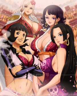 4girls amazon_lily artist_name big_breasts black-haired_female black_hair blue_eyes boa_hancock breasts cleavage empress female gloriosa_(one_piece) jewelry kuja_tribe long_hair looking_at_viewer milf milfs one_piece pink-haired_female pink_hair purple_dress rakara11 red_skirt red_topwear seductive sexy sfw shakuyaku short_hair sideboob tritoma