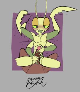 3_fingers 4_arms antennae_(anatomy) anthro arthropod azaan_(wayesh) bed bedroom_eyes bite biting_lip blush brown_body cuntboy cuntboy/male cuntboy_on_human daniel_(wayesh) duo exoskeleton fingers from_front_position furniture genitals glans grabbing_sheets green_body green_exoskeleton green_sclera head_out_of_frame hi_res holding_penis human humanoid_genitalia humanoid_penis imminent_sex insects intersex intersex/male intersex_on_human lying male male_on_anthro mammal mantis missionary_position multi_arm multi_limb narrowed_eyes nude nude_anthro nude_cuntboy nude_human nude_male on_back on_bed original original_character original_characters penis pupils purple_pupils seductive sex size_difference slim_anthro slim_cuntboy spread_legs spreading wayesh yellow_body yellow_exoskeleton