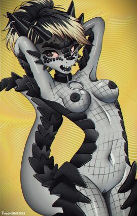 abstract_background absurd_res anthro belly black_hair blonde_hair breasts brown_eyes collar collar_only eyebrows eyelashes facial_markings female furry genitals grey_body hair hands_behind_head head_markings hi_res lizard markings multicolored_body multicolored_hair navel nipples non-mammal_breasts nude nude_anthro nude_female open_mouth original original_character piercing pussy red_sclera reptile scales scalie scaly_tail solo tail tweenstrip