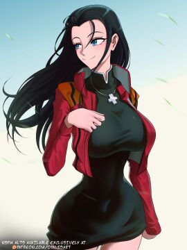 1girls artist_name big_breasts black_dress black_hair blue_eyes breasts busty cosplay cross_necklace curvy female female_only hourglass_figure huge_breasts jacket large_breasts light-skinned_female light_skin long_hair misato_katsuragi_(cosplay) neon_genesis_evangelion nico_robin one_piece opalisart red_jacket short_dress small_waist smile tight_dress wide_hips