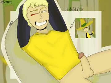 1boy 2025 blonde_hair cock erection laying_down leshka_(urodskaya_animation) littlelilith male male_only red_eyes reference_image russian_text smile smiling_at_viewer solo tagme urodskaya_animation youtube