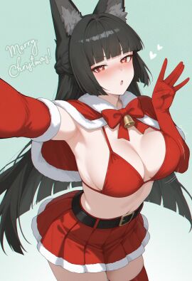 anthro armpits belt belt_buckle bikini_top bouncing_breasts breasts busty christmas christmas_outfit cleavage english_text female fox fox_ears fox_girl fur-trimmed_skirt heart-shaped_pupils hoshimi_miyabi large_breasts looking_at_viewer merry_christmas midriff pleated_skirt red_eyes selfie skirt zenless_zone_zero