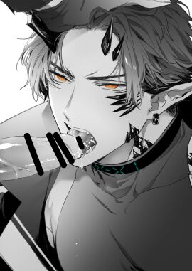 1boy arknights bangs_pinned_back black_hair fellatio flamebringer_(arknights) frown highres horns jacket licking licking_penis looking_up male male_focus open_clothes open_jacket oral orange_eyes penis portrait saliva_drip sleeveless sleeveless_turtleneck teeth toriyoshi turtleneck yaoi