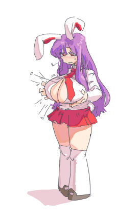 1girls accidental_exposure bangs black_shoes breasts bunny_ears bursting_breasts buttons_popping exposure female floppy_ears full_body fully_clothed holding_breast inconvenient_breasts kneehighs large_breasts leebongchun long_hair mary_janes miniskirt popping_buttons purple_hair rabbit_ears red_hair red_skirt red_tie reisen_udongein_inaba sidelocks skirt solo tie touhou very_long_hair white_background white_kneehighs