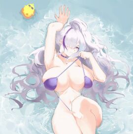 arm_up armpits azur_lane bikini breasts cg choker cleavage female hair_over_one_eye huge_breasts large_breasts long_hair looking_at_viewer lying multicolored_hair navel official_alternate_costume on_back ponytail purple_bikini purple_choker purple_eyes purple_hair solo strap_pull streaked_hair swimsuit thighs unzen_(azur_lane) unzen_(sojourn_through_clear_seas)_(azur_lane) very_long_hair water white_hair