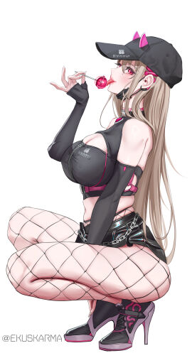 absurdres alternate_color bare_shoulders baseball_cap black_collar black_footwear black_gloves black_hat black_mask black_skirt blush breasts candy chest_harness choker cleavage clothes_writing collar crop_top earrings ekuskarma elbow_gloves female fingerless_gloves fishnet_pantyhose fishnets food from_side gloves goddess_of_victory:_nikke harness hat heart_collar highres holding holding_candy holding_food holding_lollipop holographic_clothing horns jewelry large_breasts licking light_brown_hair lollipop long_hair looking_at_viewer mask mask_pull mouth_mask nail_polish pantyhose pink_horns pleated_skirt purple_footwear red_eyes sidelocks simple_background single_earring skindentation skirt solo squatting thighs viper_(nikke) white_background white_nails zipper zipper_pull_tab