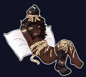 arms_above_head bound brown_eyes burn_scar curly_hair dark-skinned_male dark_brown_hair dark_skin digital_media_(artwork) kismet_(artist) legs_apart looking_away male male_only nervous_smile no_visible_genitalia pillow prosthetic ribbon ribbon_bondage self_upload smooth_skin solid_color_background submissive