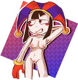 1girls bangs bob_cut bottomless chamiku embarrassed_nude_female female glitch_productions gloves hat jester jester_hat looking_away nude nude_female pale_skin pomni pomni_(the_amazing_digital_circus) smile the_amazing_digital_circus topless