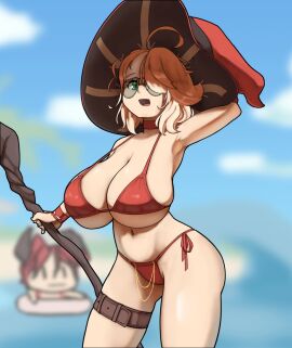 armpit beach bikini bikini_bottom bikini_top blonde_hair breasts curvy_figure female female_only garter_belt glasses green_eyes hand_behind_head huge_breasts large_breasts mage_hat magic_staff navel neckwear open_mouth pose sakanadaze solo solo_female staff